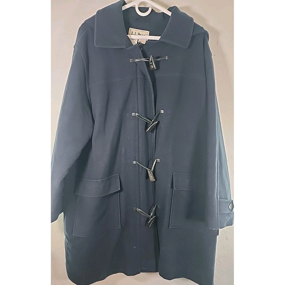 LL Bean Women Blue‎ Wool Blend Long Hooded Jacket Coat Size XL Vtg